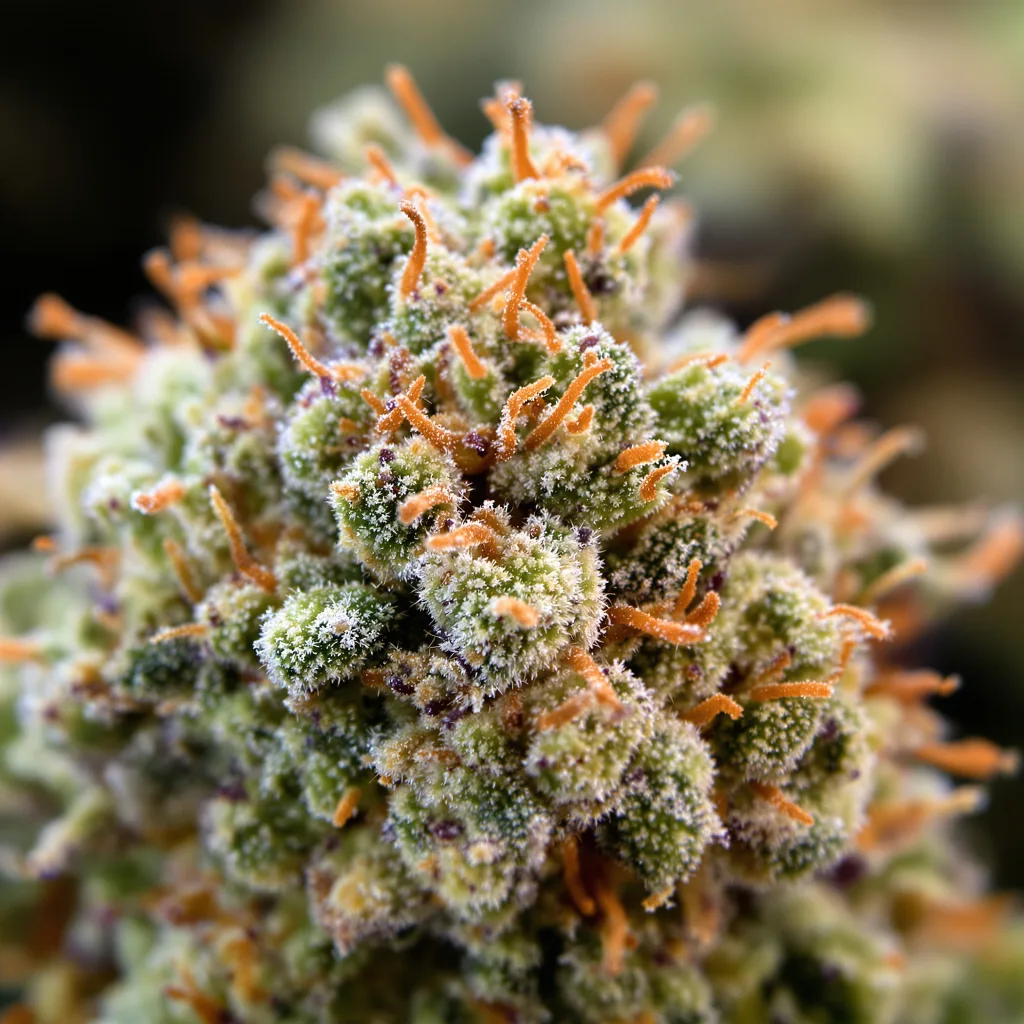 Night Train cannabis bud close-up showing balanced bud structure with frosted trichomes