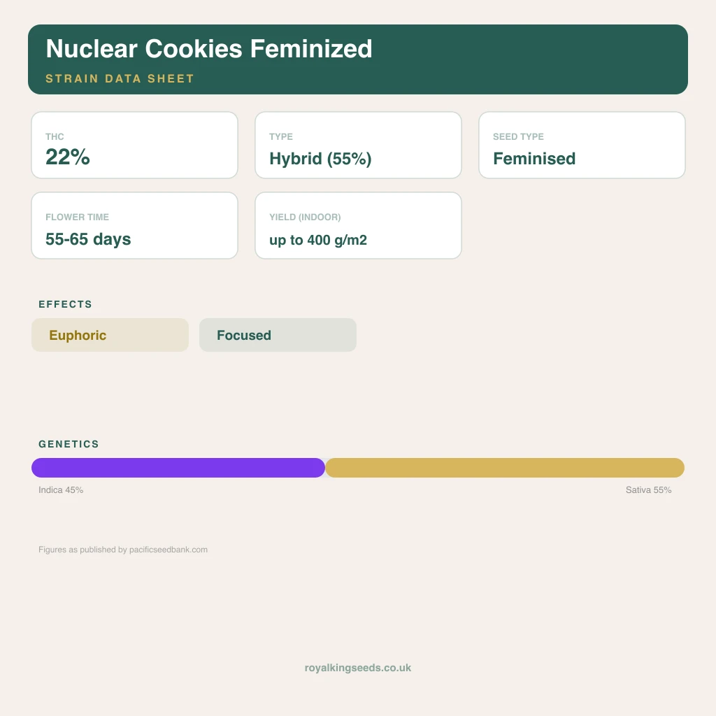 Nuclear Cookies 45% indica / 55% sativa flower with visible trichomes