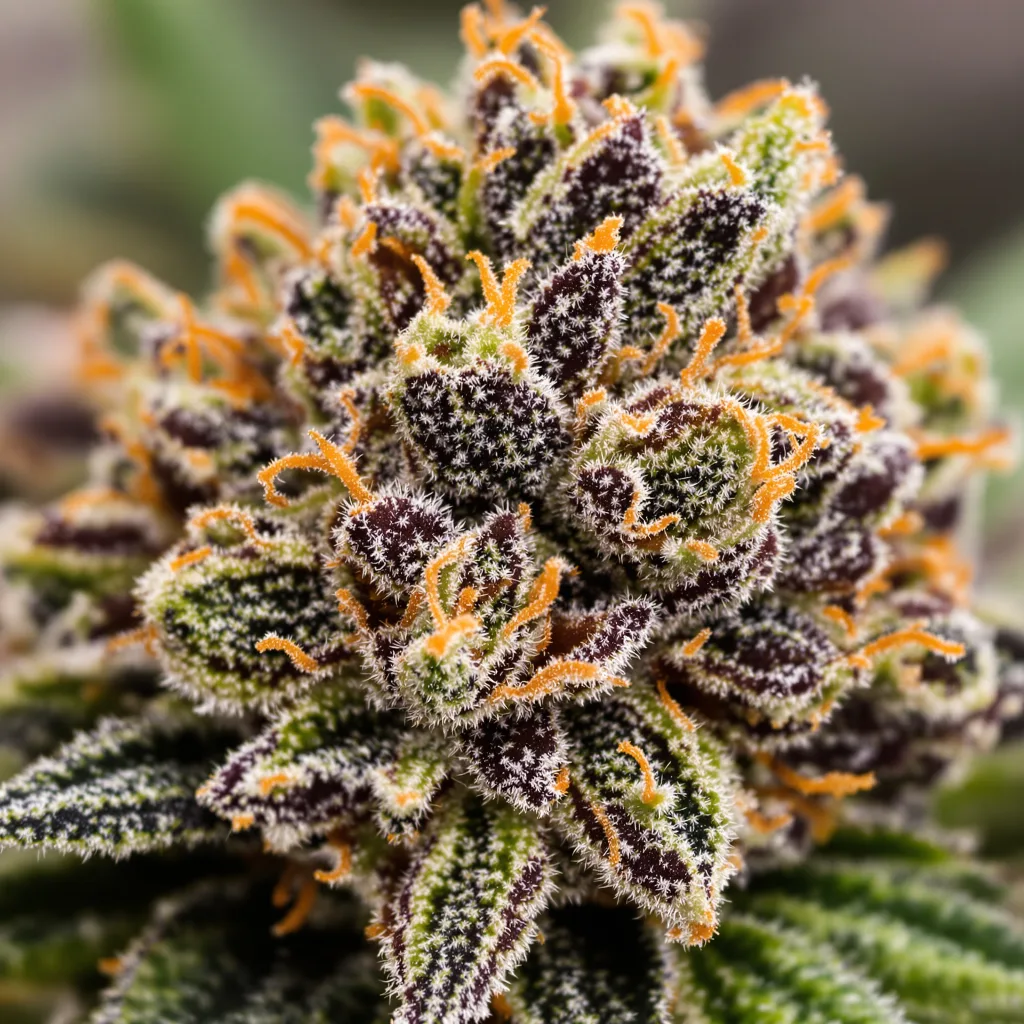 Nuken cannabis bud close-up showing dense purple-tinged calyxes