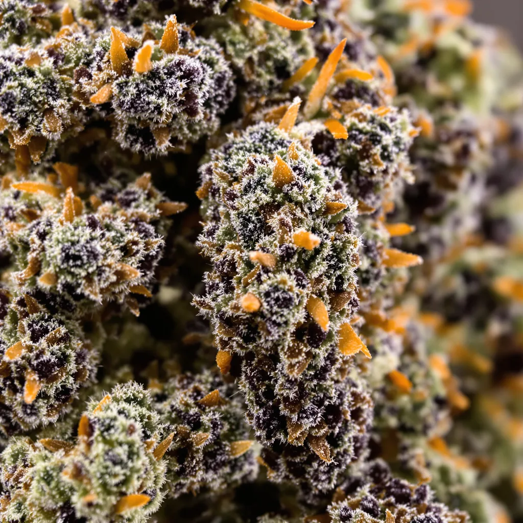 Nutter cannabis bud close-up showing dense purple-tinged calyxes