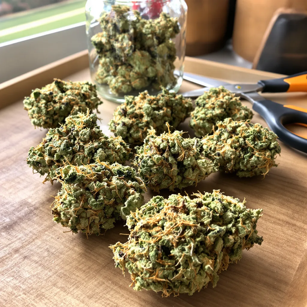 NY-47 23% indica / 77% sativa flower with visible trichomes
