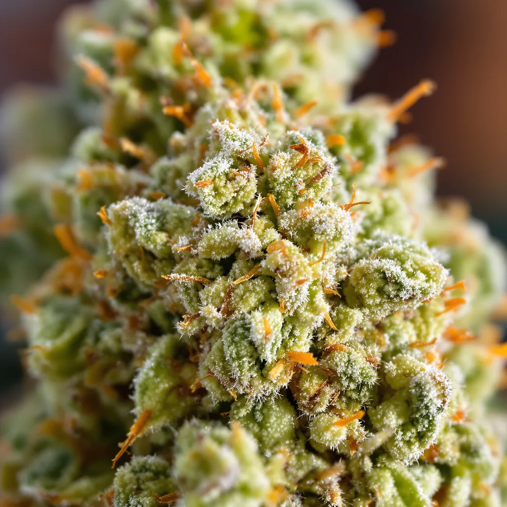 NYC Sour Diesel cannabis bud close-up showing lime-green airy structure