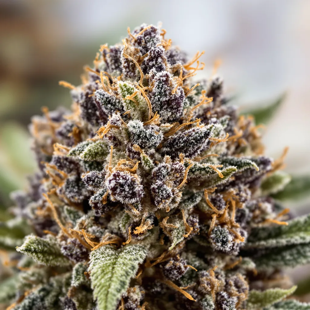 Obama Kush cannabis bud close-up showing dense purple-tinged calyxes