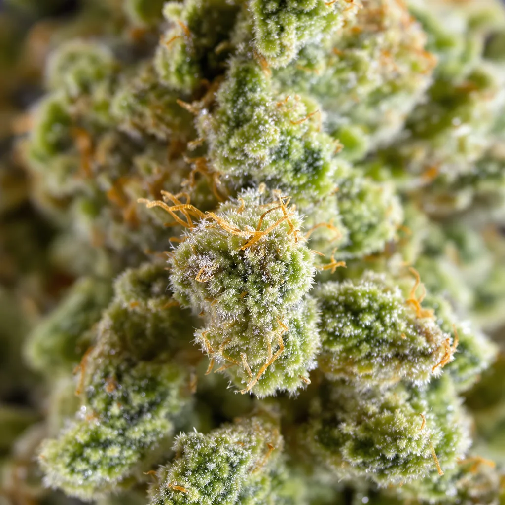 OG #18 cannabis bud close-up showing lime-green airy structure