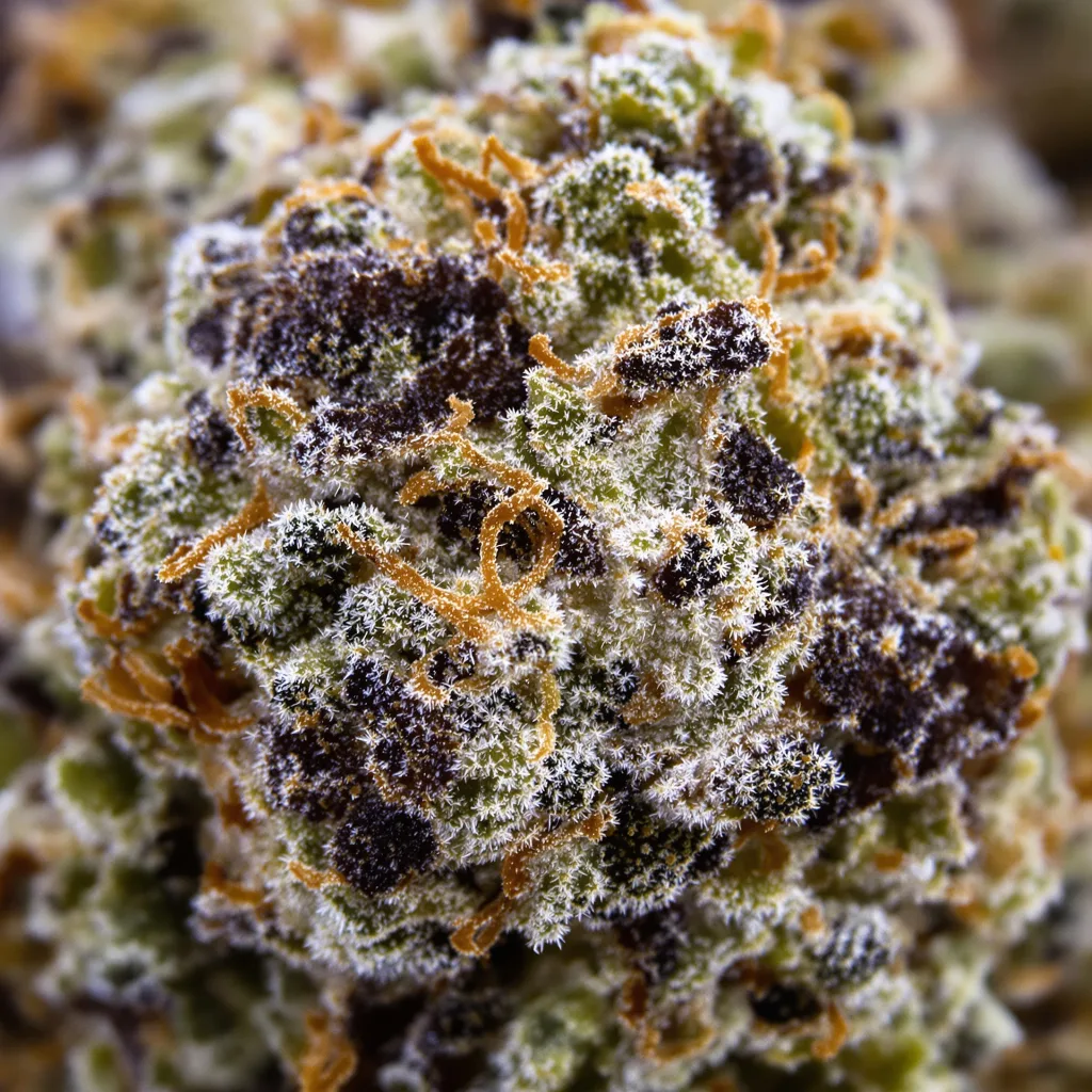 OG Cheese cannabis bud close-up showing dense purple-tinged calyxes