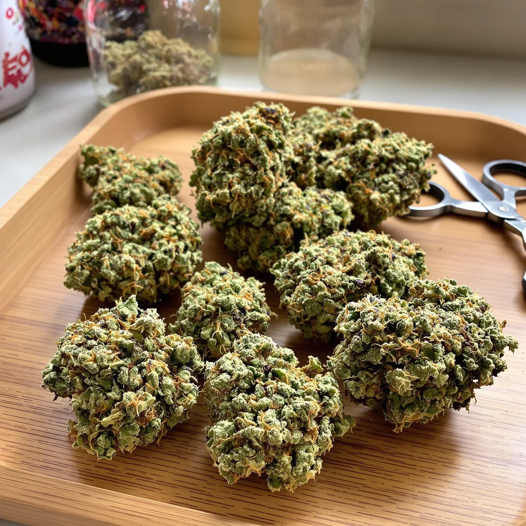 OG Kush 55% indica / 45% sativa flower with visible trichomes