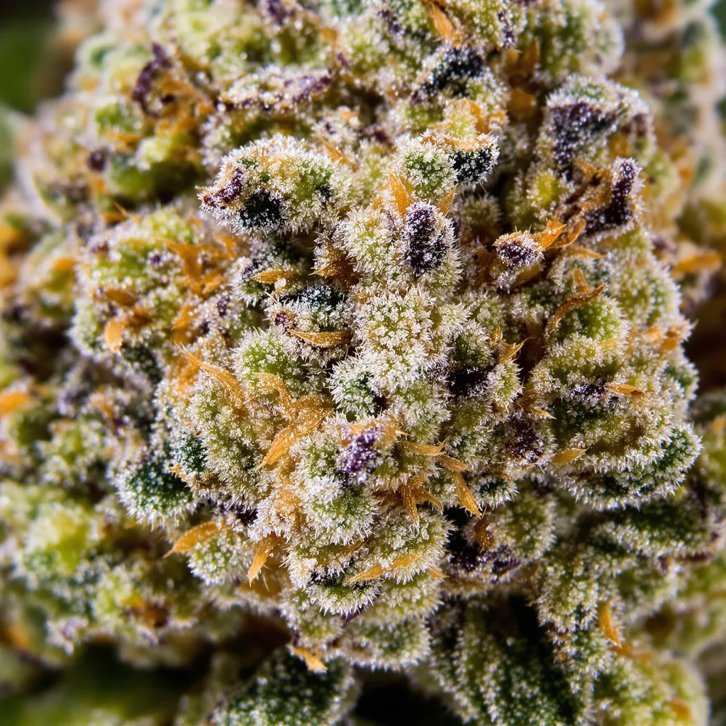 OG Kush cannabis bud close-up showing balanced bud structure with frosted trichomes