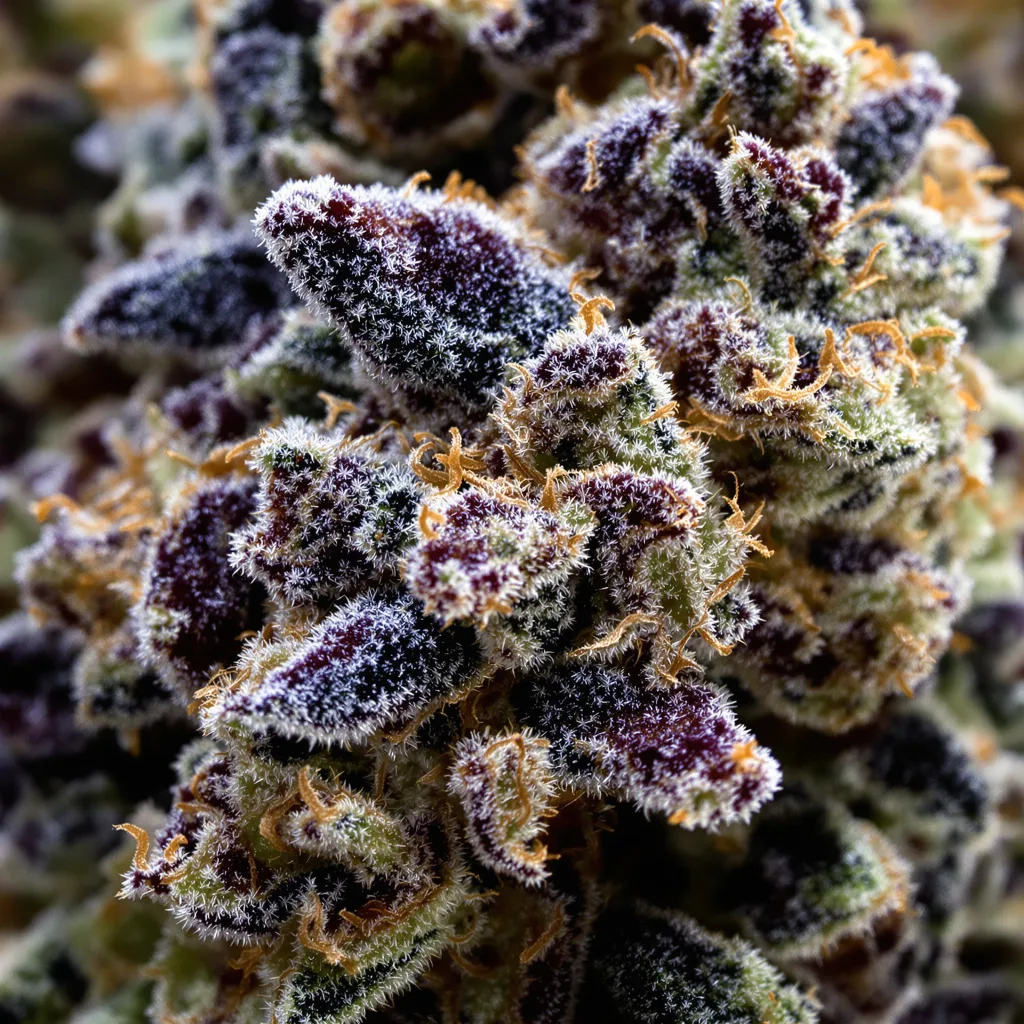 Ogre Berry cannabis bud close-up showing dense purple-tinged calyxes