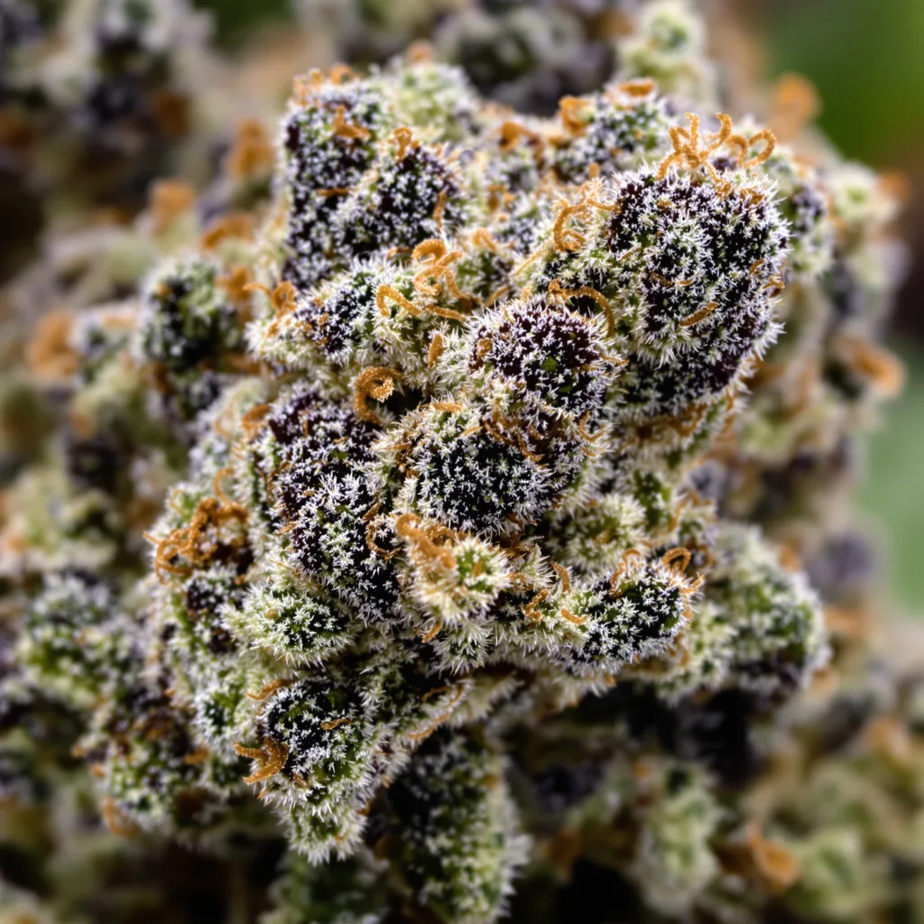 Ogre Berry cannabis bud close-up showing dense purple-tinged calyxes