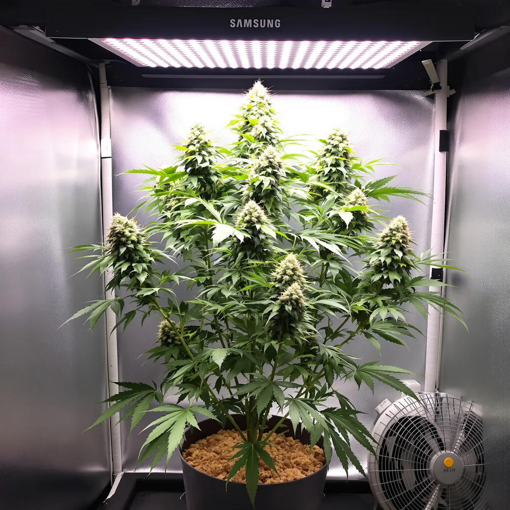 Ogre 61% indica / 39% sativa flower with visible trichomes