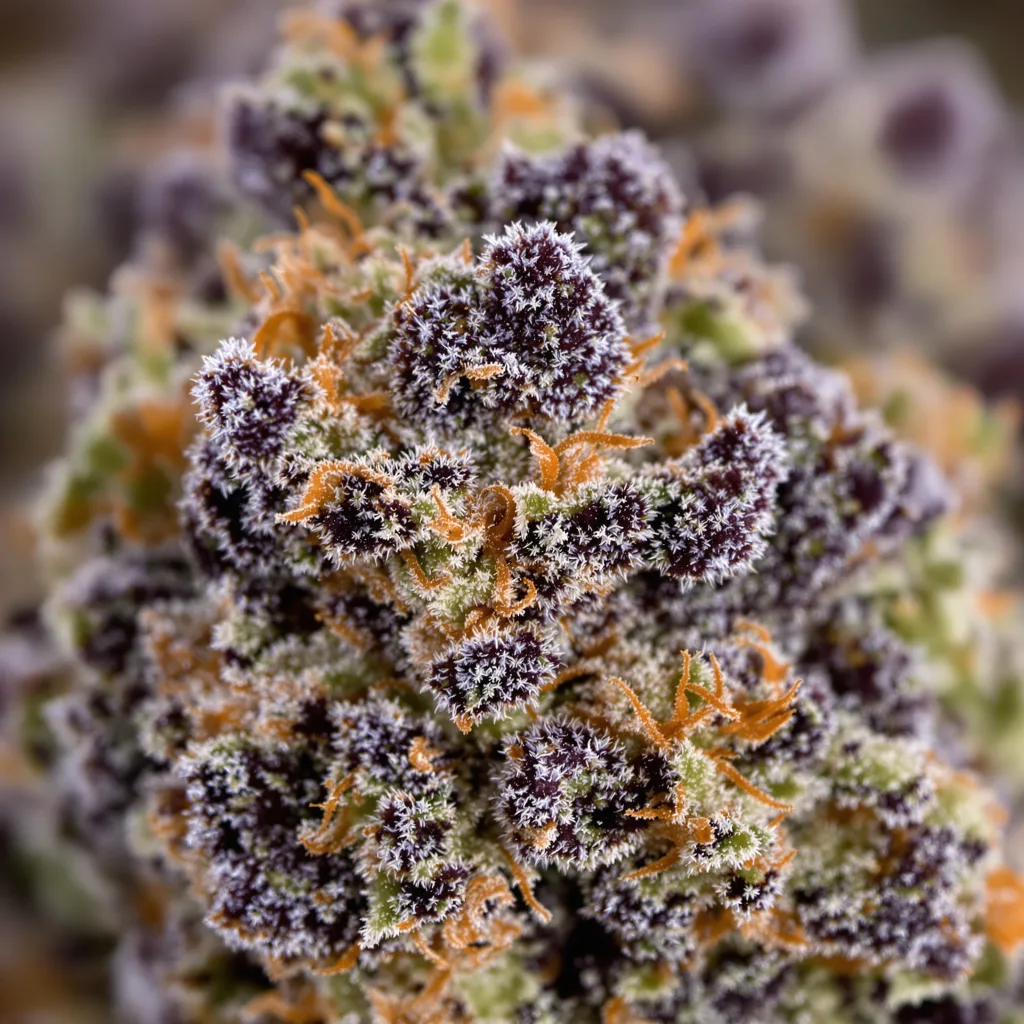 Old School OG cannabis bud close-up showing dense purple-tinged calyxes