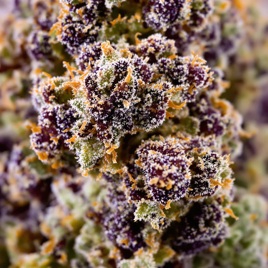 Orange Bud cannabis bud close-up showing dense purple-tinged calyxes