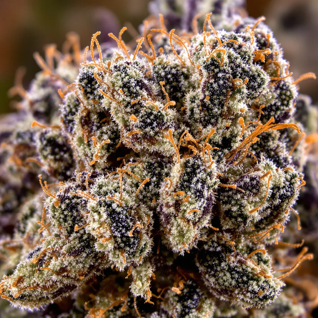 Orange Bud cannabis bud close-up showing dense purple-tinged calyxes
