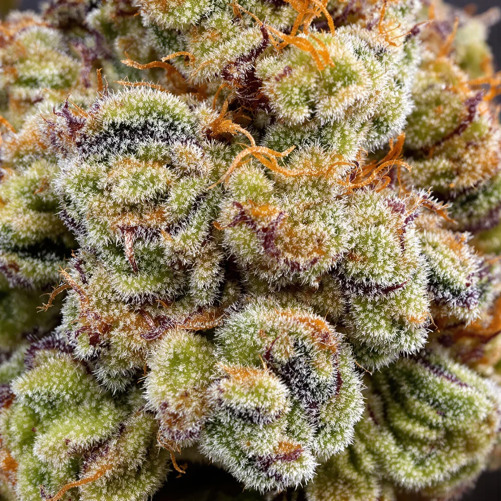 Orange Cream cannabis bud close-up showing balanced bud structure with frosted trichomes