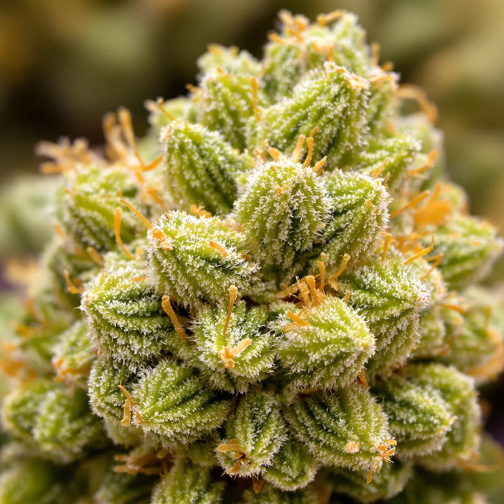 Orange Crush cannabis bud close-up showing lime-green airy structure