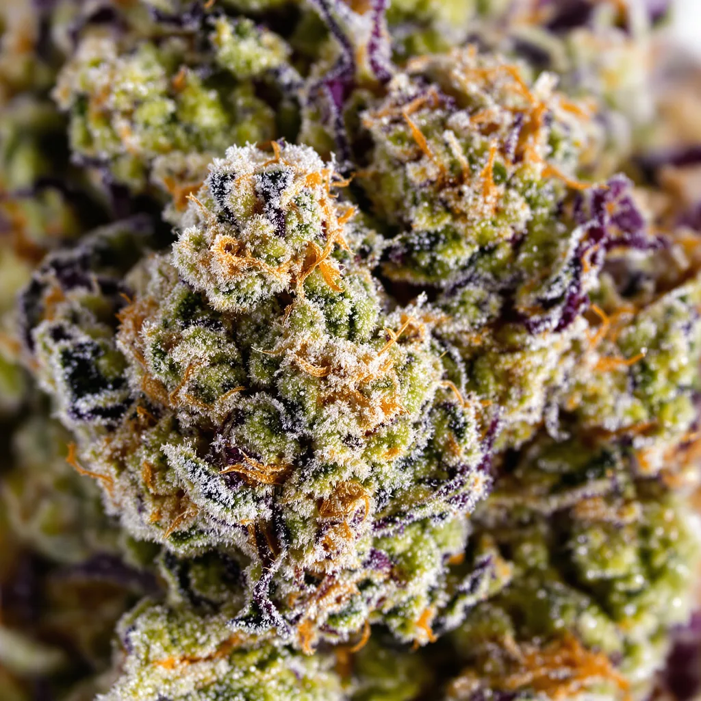 Orange Kush cannabis bud close-up showing balanced bud structure with frosted trichomes