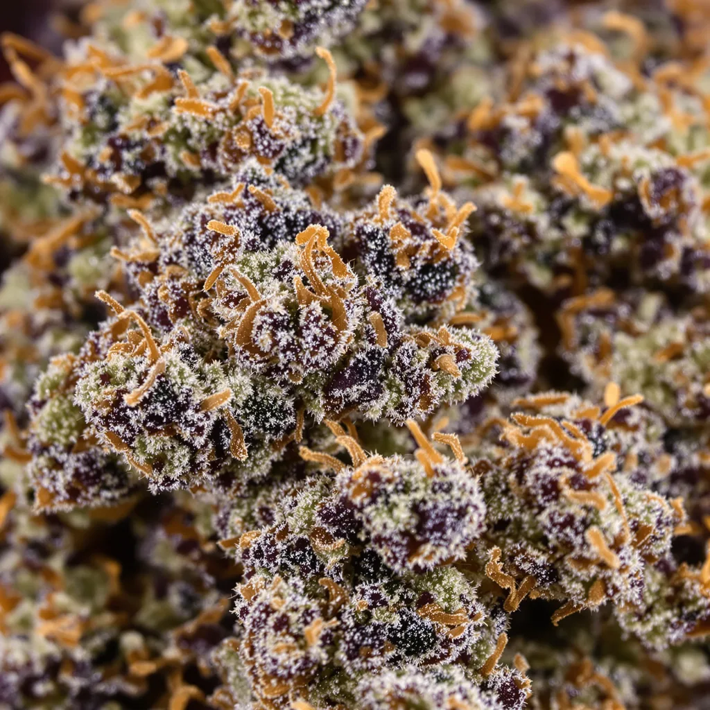 Oregon Peach cannabis bud close-up showing dense purple-tinged calyxes