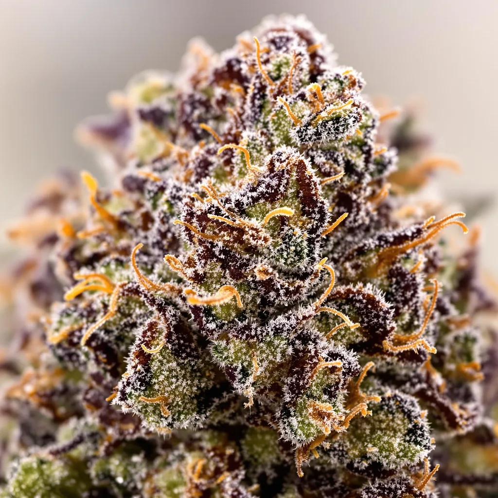Ortega cannabis bud close-up showing dense purple-tinged calyxes