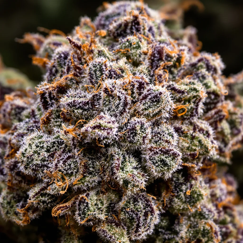 Overlord OG cannabis bud close-up showing dense purple-tinged calyxes