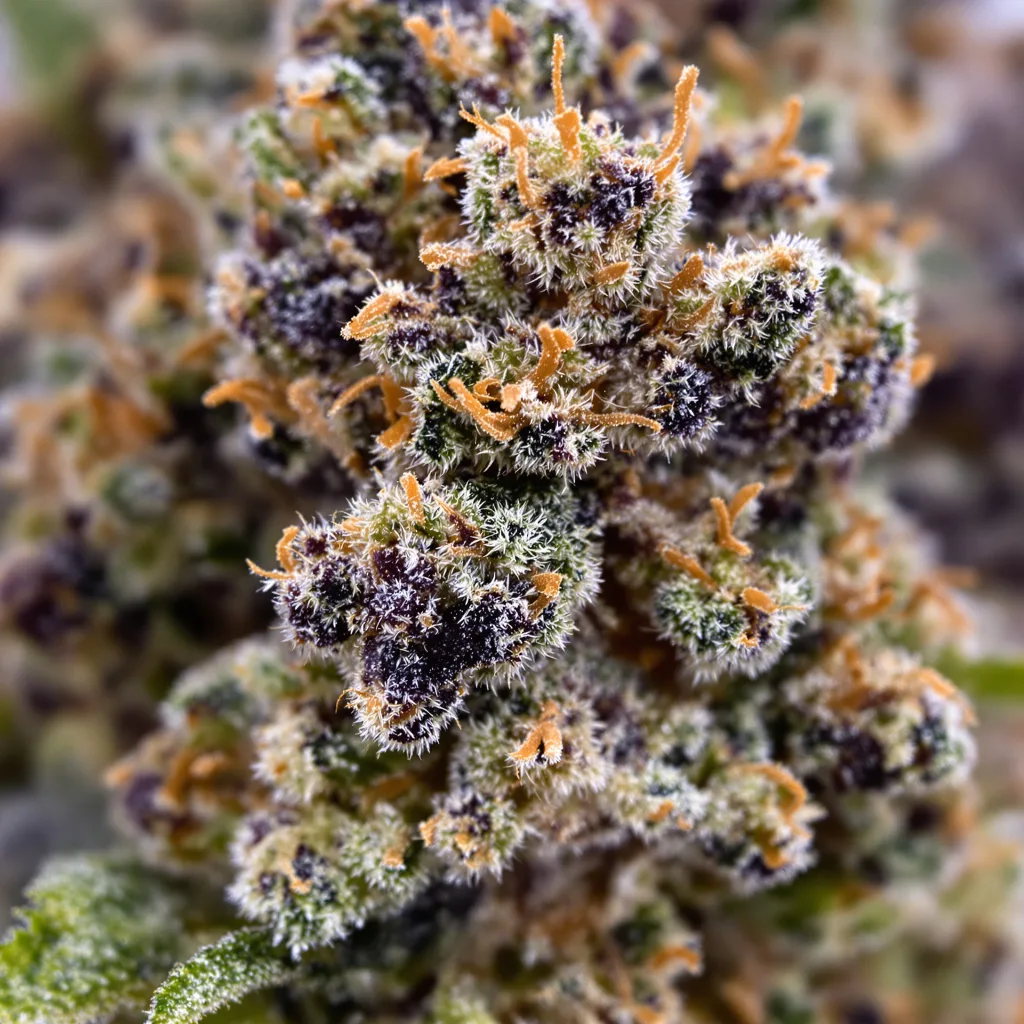 P-51 cannabis bud close-up showing dense purple-tinged calyxes
