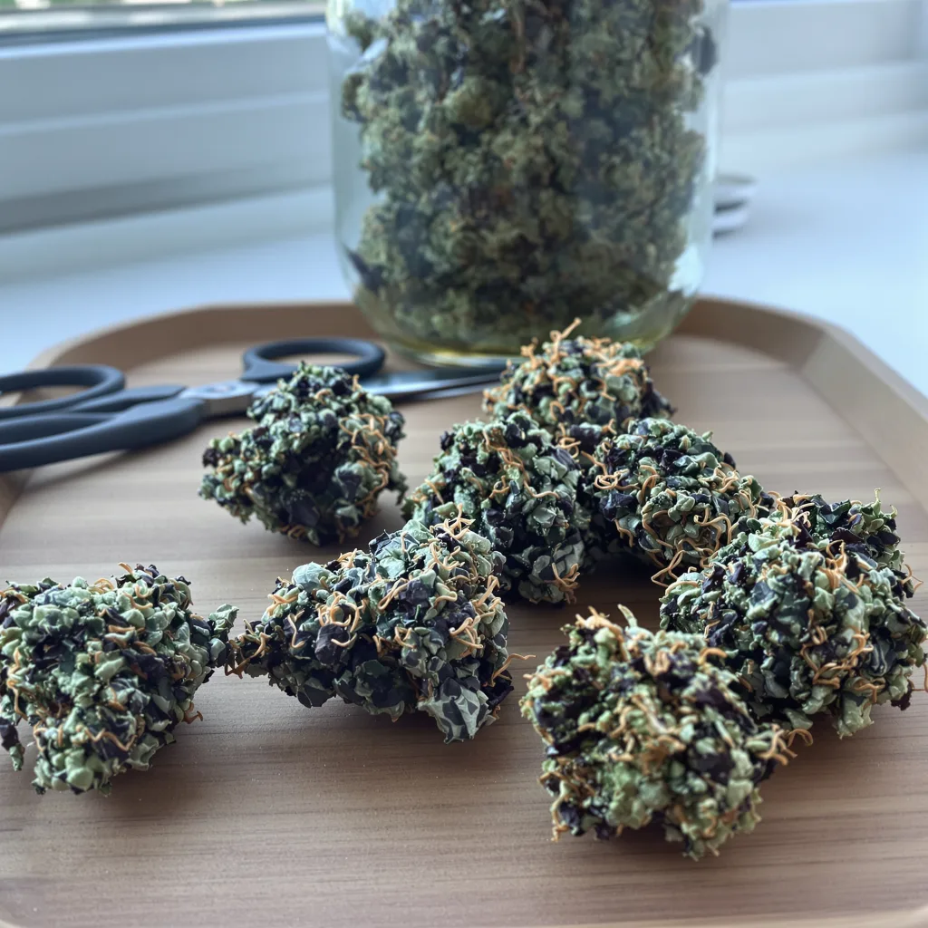 Pacific Blue 78% indica / 22% sativa flower with visible trichomes