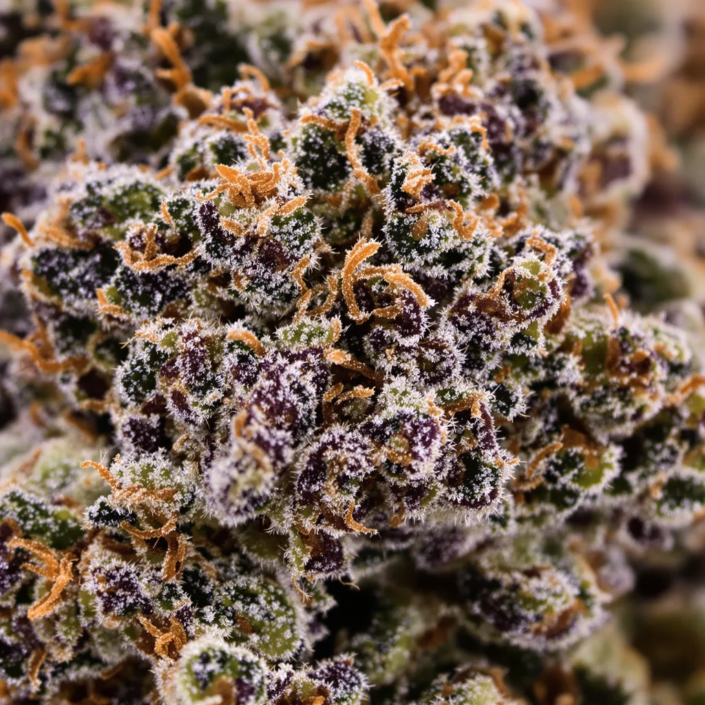 Pacific Blue cannabis bud close-up showing dense purple-tinged calyxes