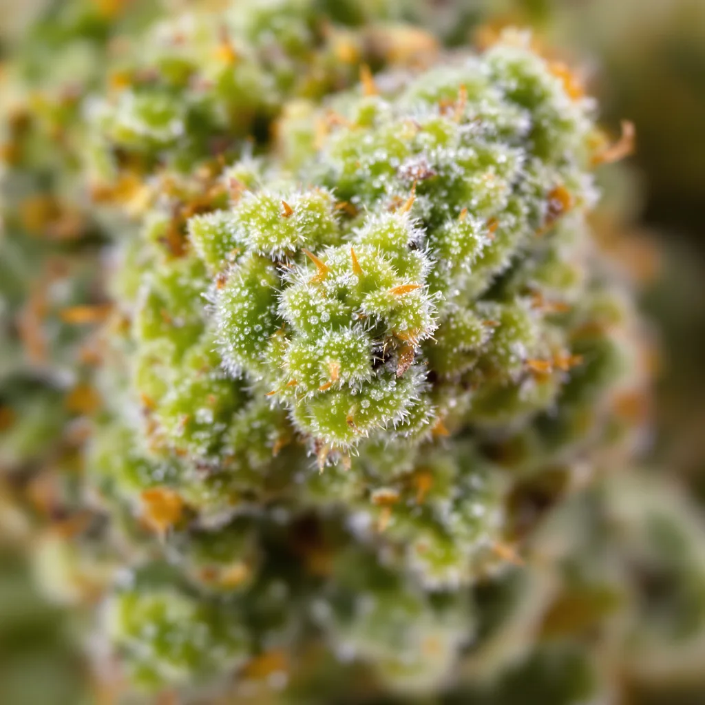 Panama Red cannabis bud close-up showing lime-green airy structure