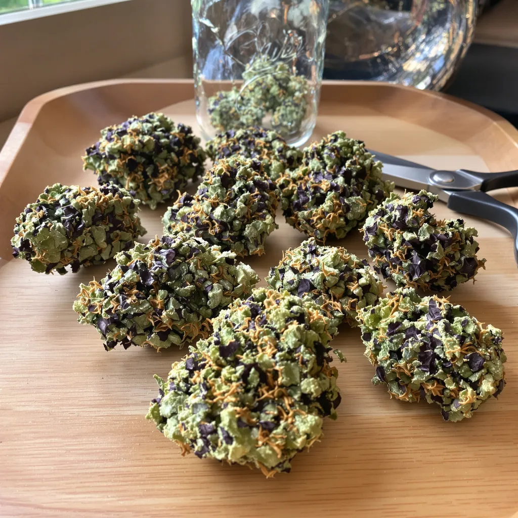 Papaya Cookies 76% indica / 24% sativa flower with visible trichomes