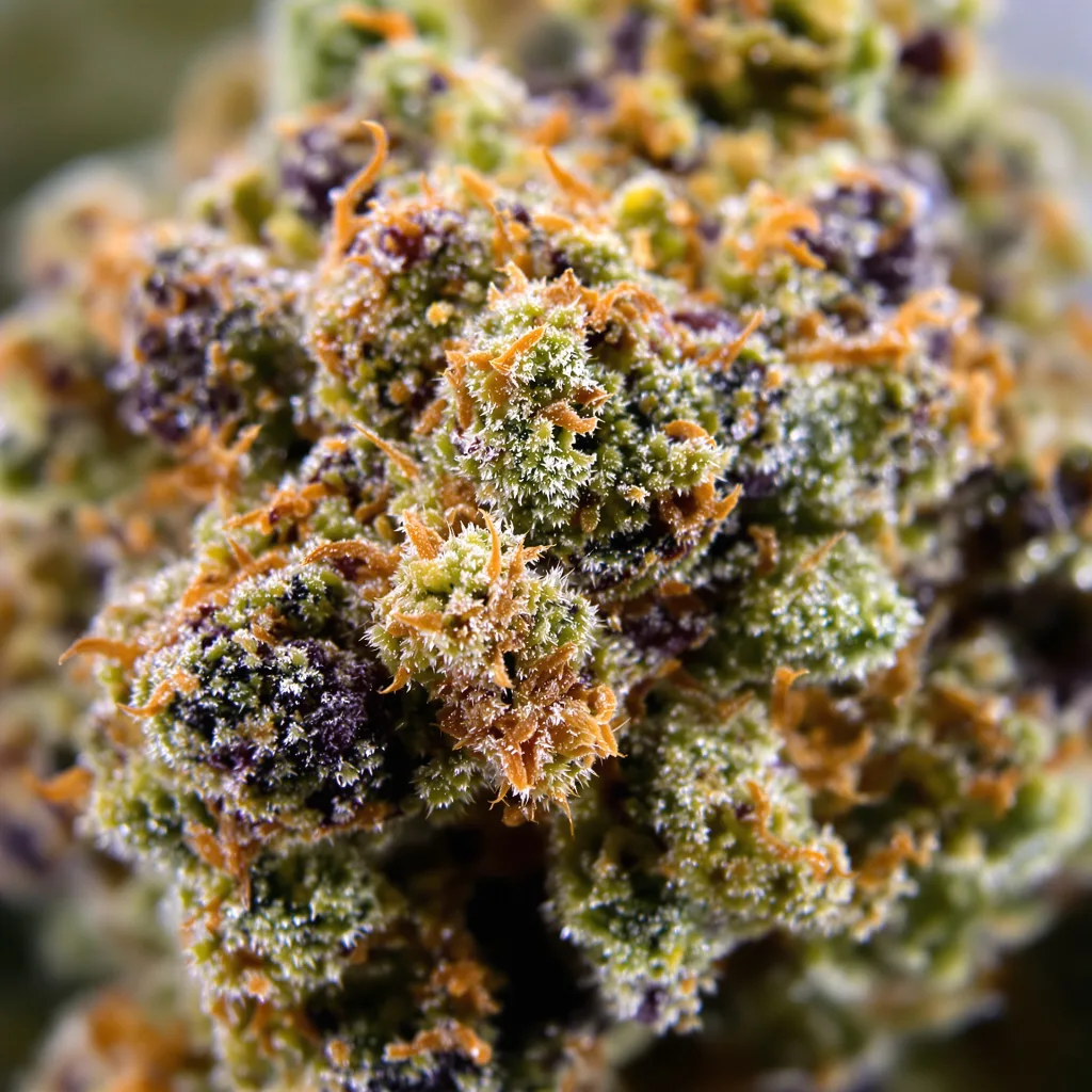 Papaya Cookies cannabis bud close-up showing dense purple-tinged calyxes