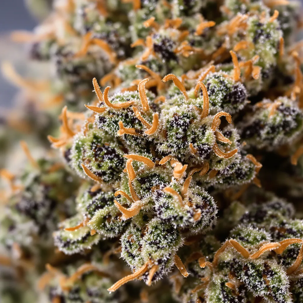 Papaya cannabis bud close-up showing dense purple-tinged calyxes