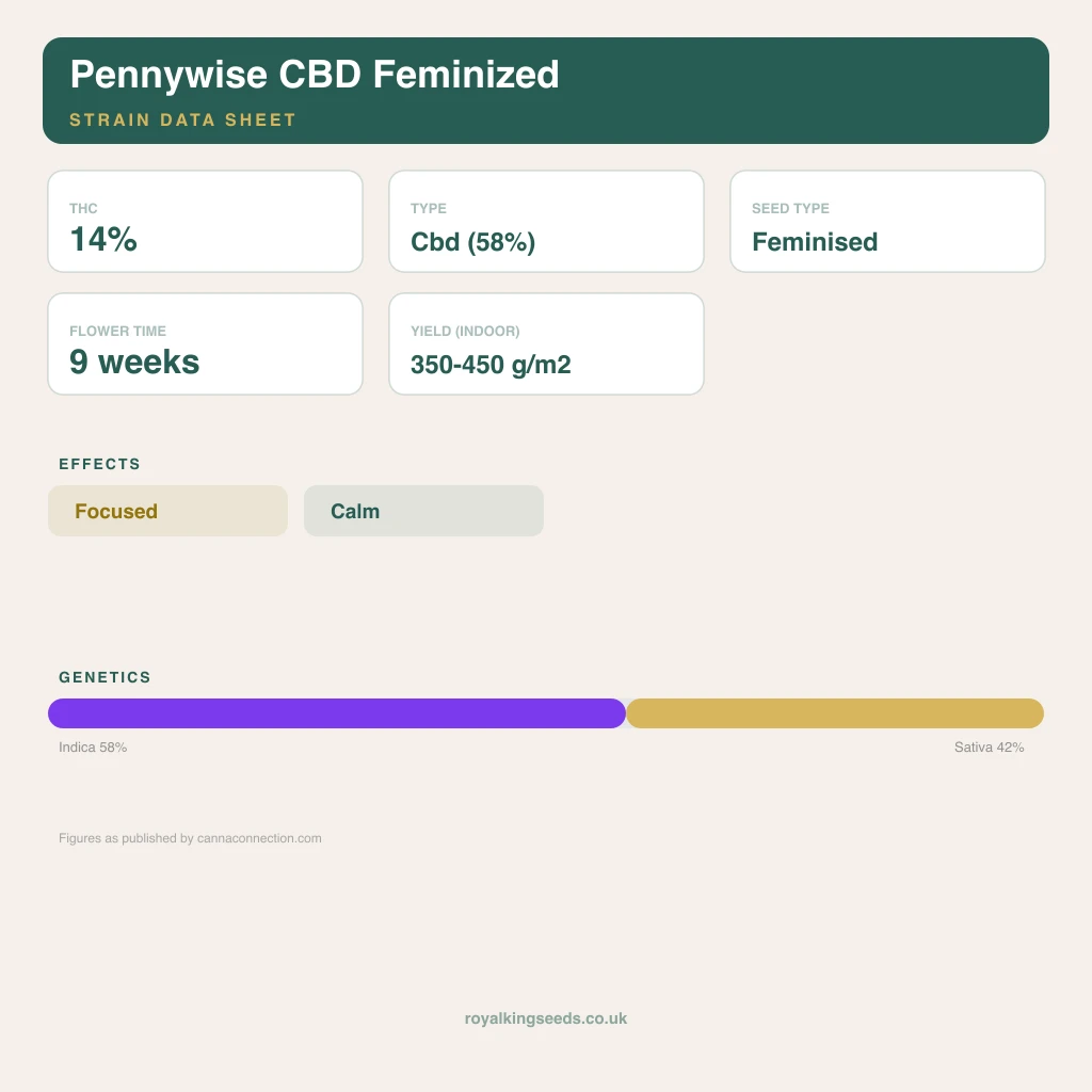 Pennywise CBD 58% indica / 42% sativa flower with visible trichomes