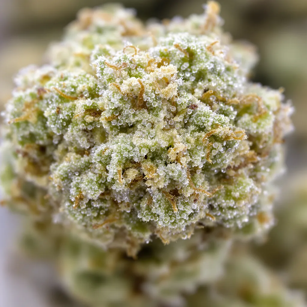 Pennywise CBD cannabis bud close-up showing pale-green low-resin flower