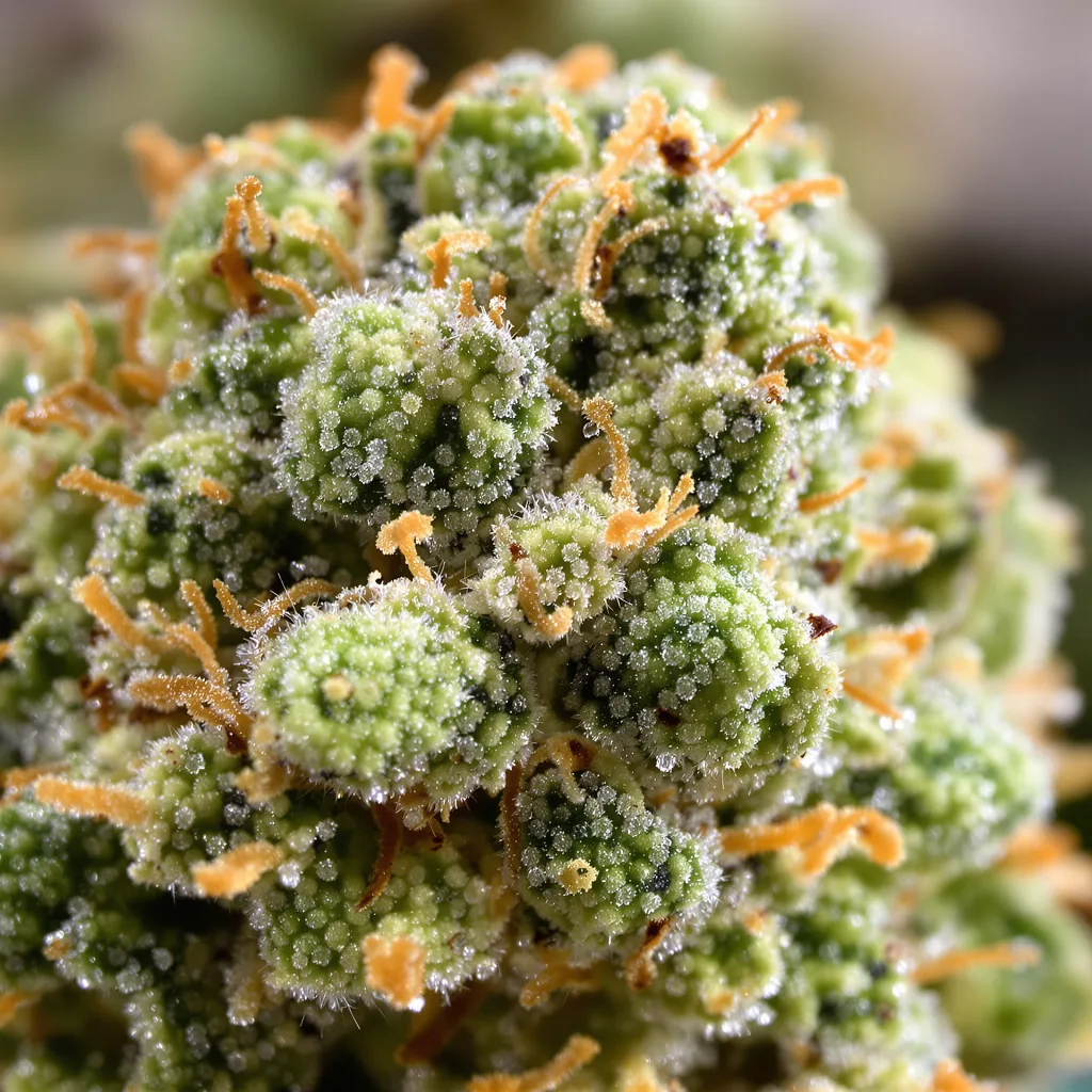 Permafrost cannabis bud close-up showing lime-green airy structure