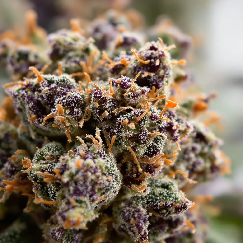 Pez cannabis bud close-up showing dense purple-tinged calyxes