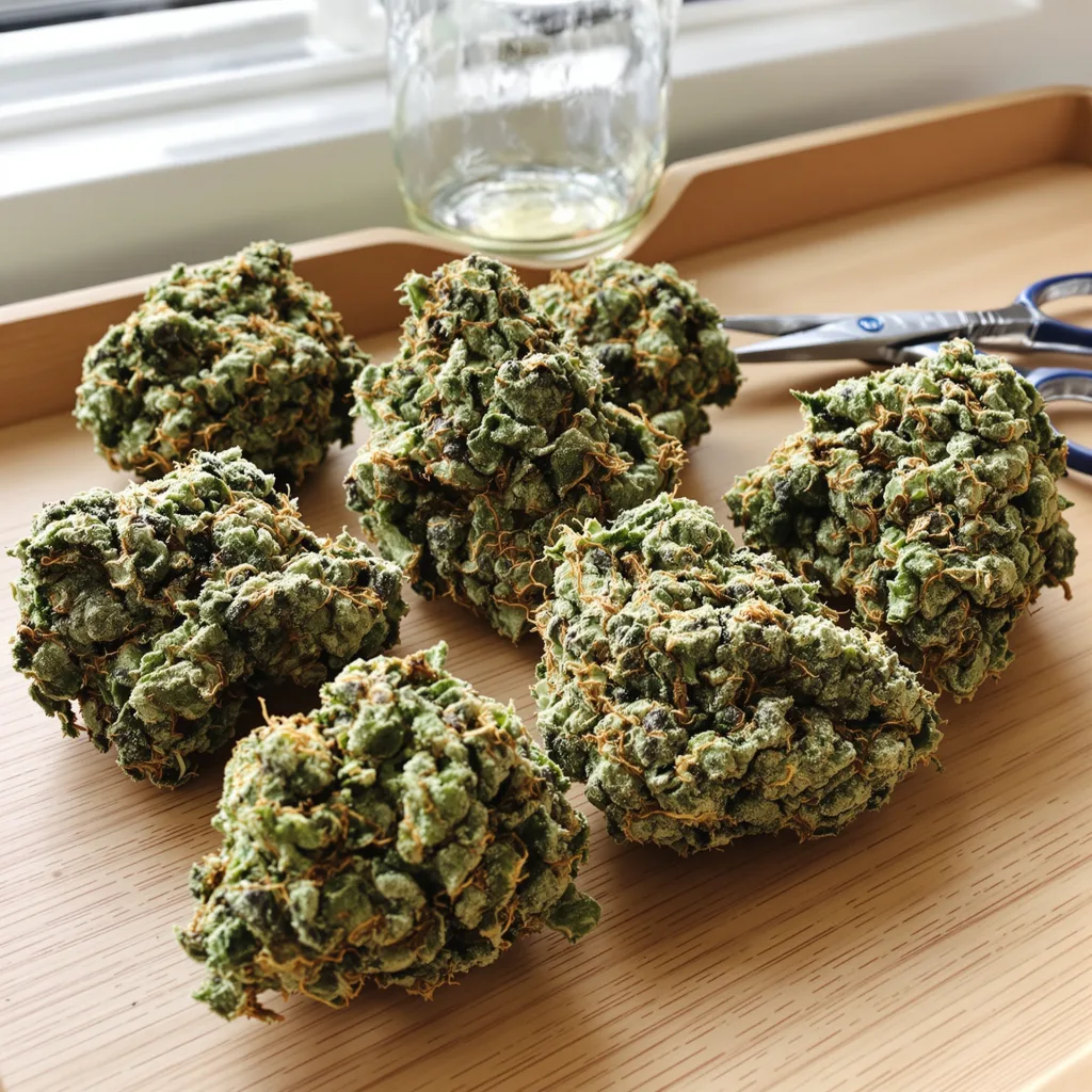 Phantom OG 50% indica / 50% sativa flower with visible trichomes
