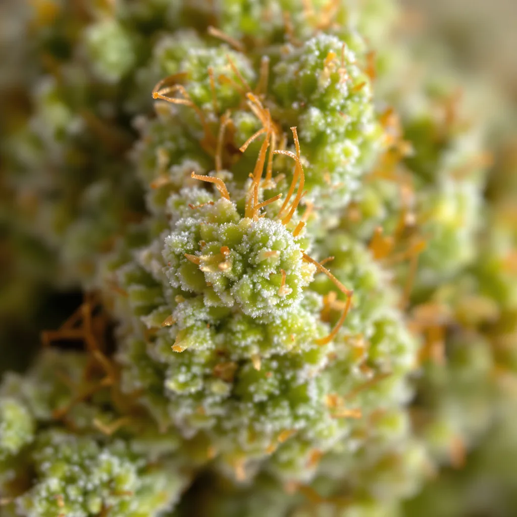 Pine cannabis bud close-up showing lime-green airy structure