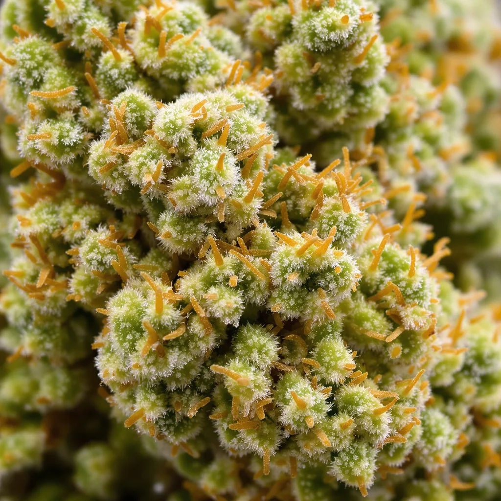 Pine cannabis bud close-up showing lime-green airy structure