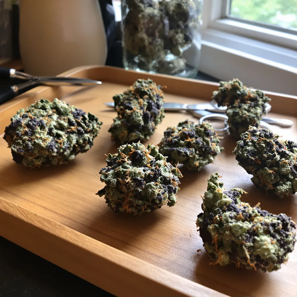 Pine Tar Kush 65% indica / 35% sativa flower with visible trichomes