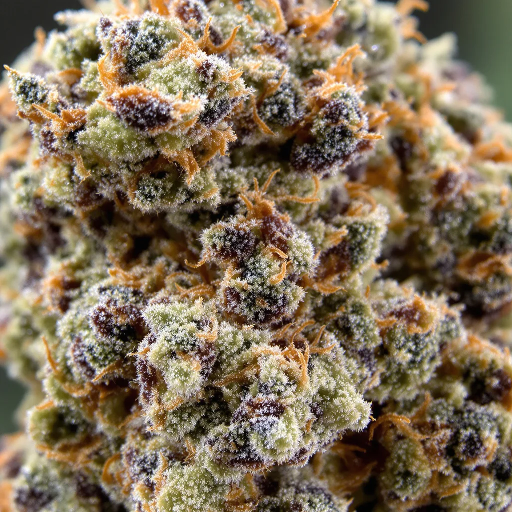 Pineapple Chunk cannabis bud close-up showing dense purple-tinged calyxes