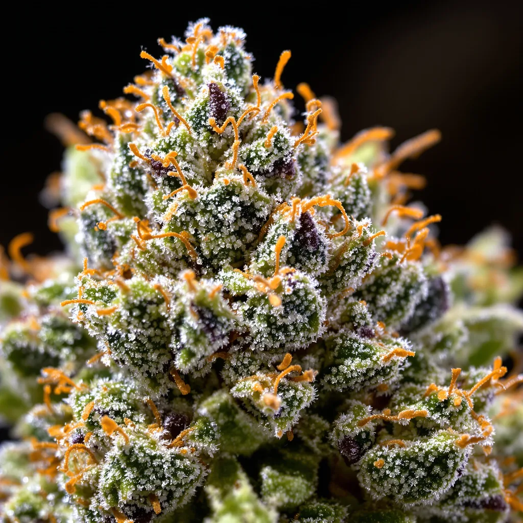Pineapple Express cannabis bud close-up showing dense forest-green nugs