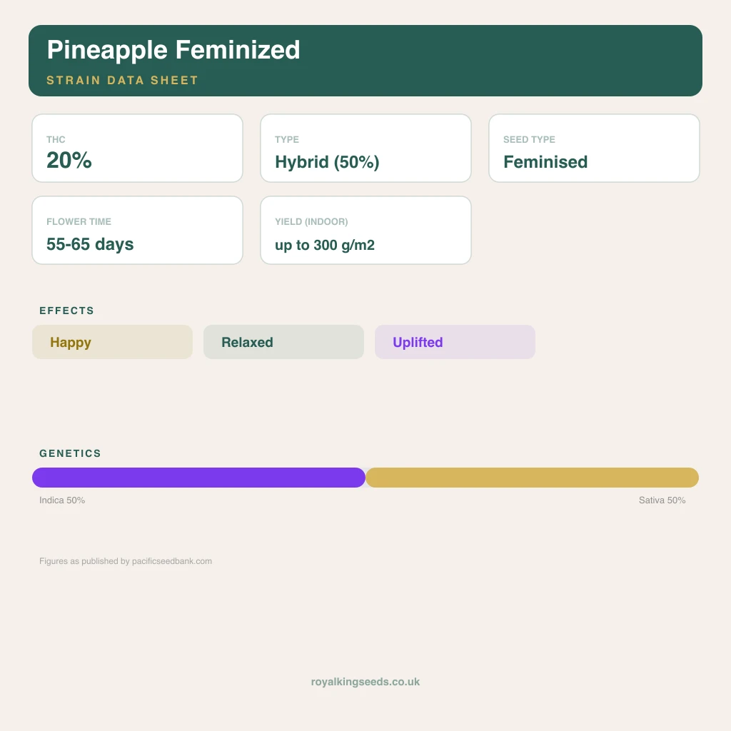 Pineapple 50% indica / 50% sativa flower with visible trichomes