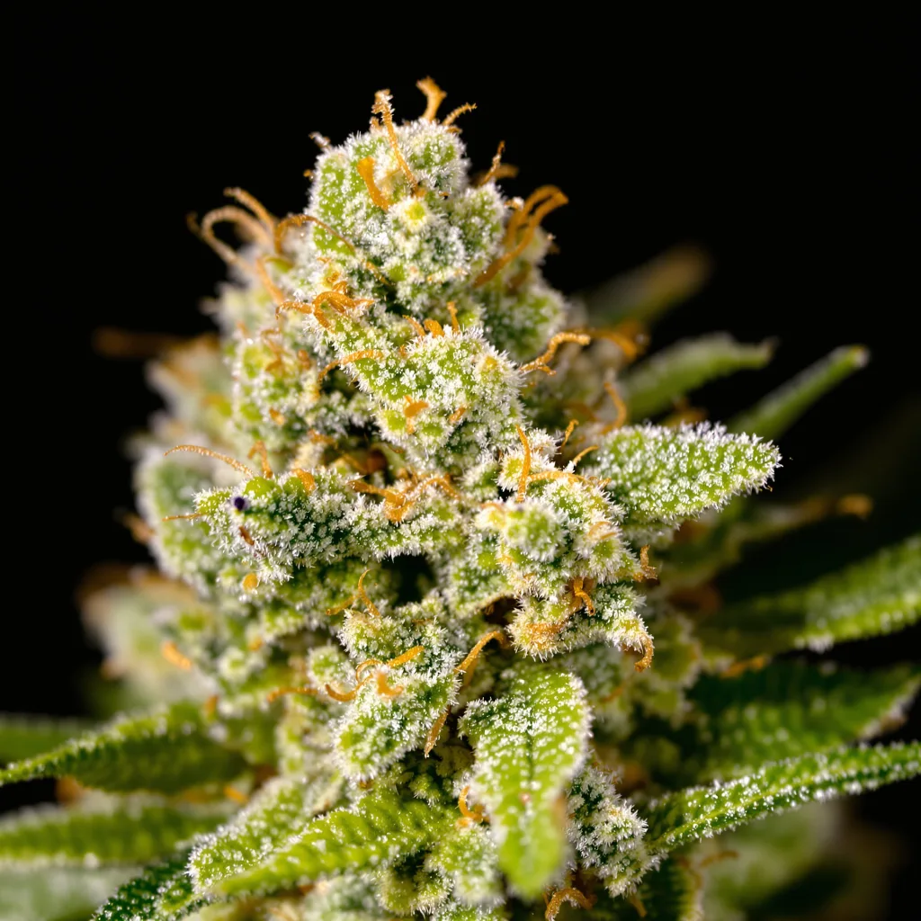 Pineapple Haze cannabis bud close-up showing lime-green airy structure