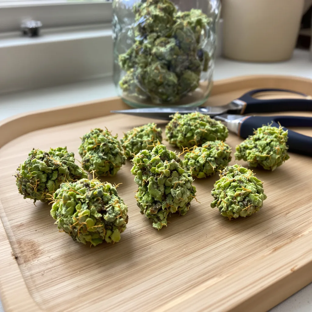 Pineapple Jack 10% indica / 90% sativa flower with visible trichomes