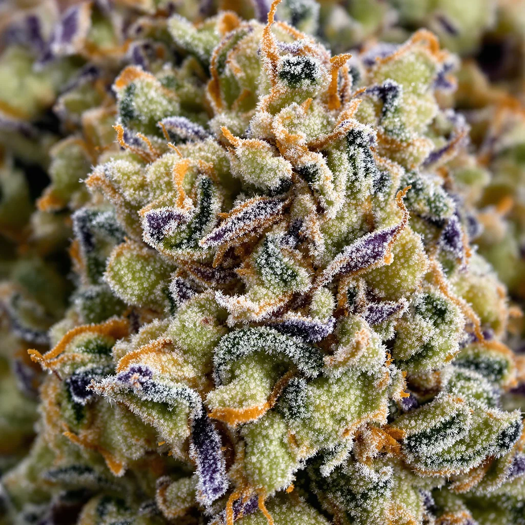 Pineapple Kush cannabis bud close-up showing balanced bud structure with frosted trichomes