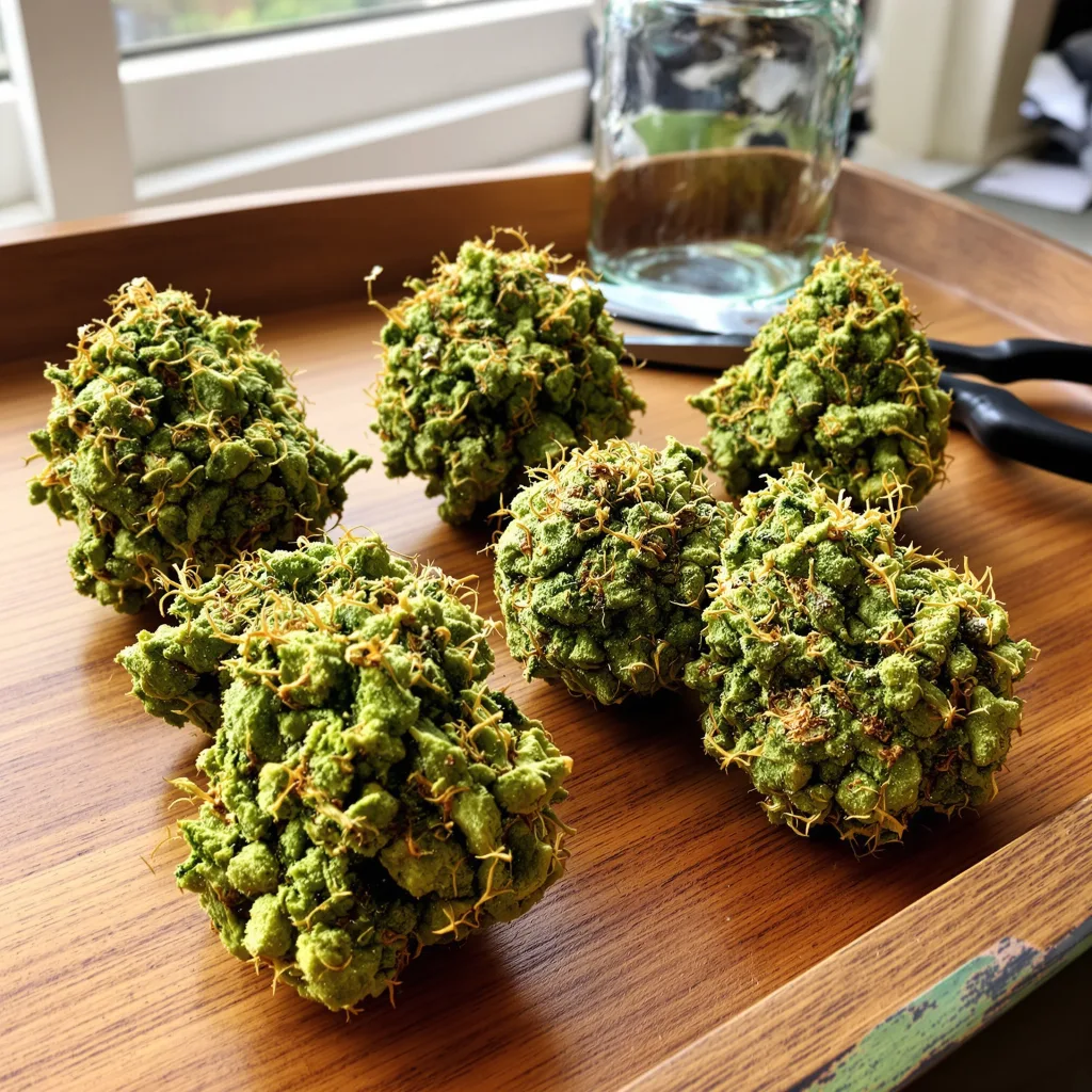 Pineapple Mayhem 11% indica / 89% sativa flower with visible trichomes