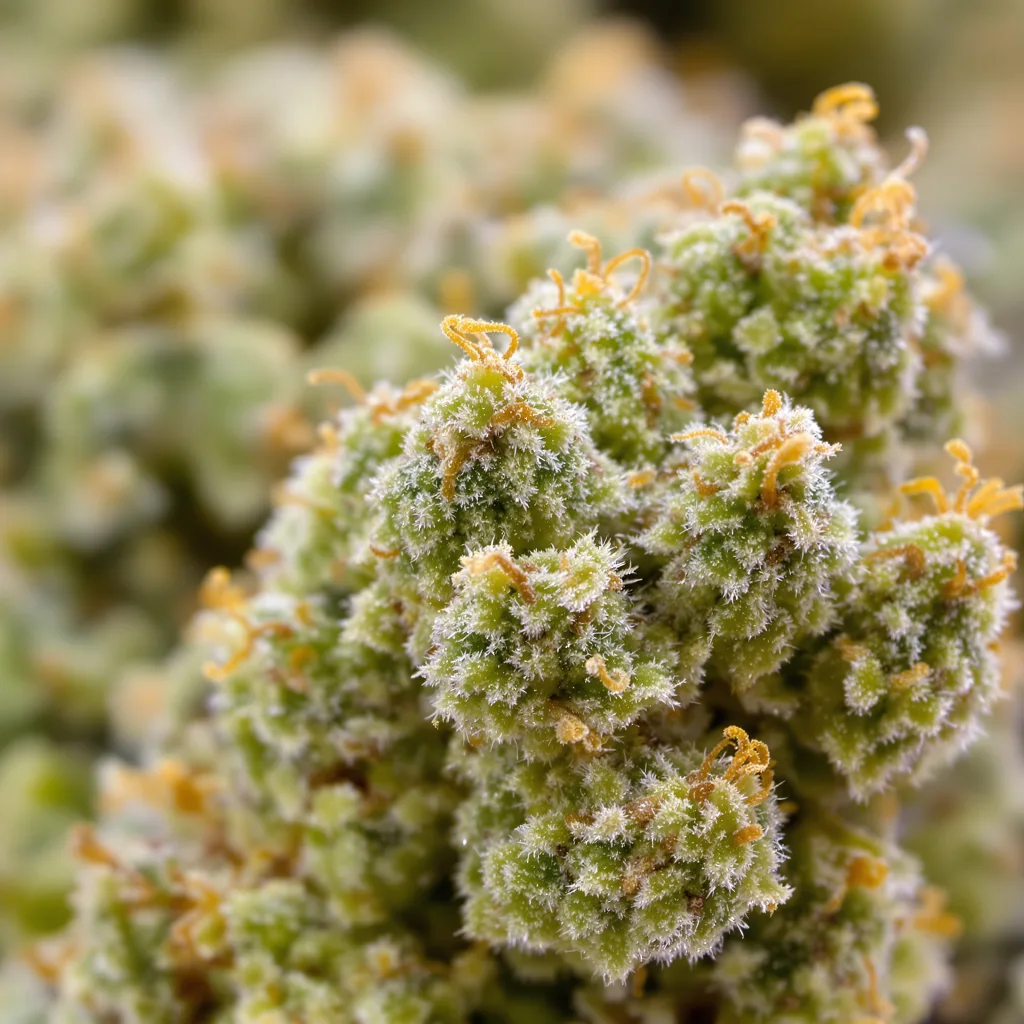 Pineapple Mayhem cannabis bud close-up showing lime-green airy structure