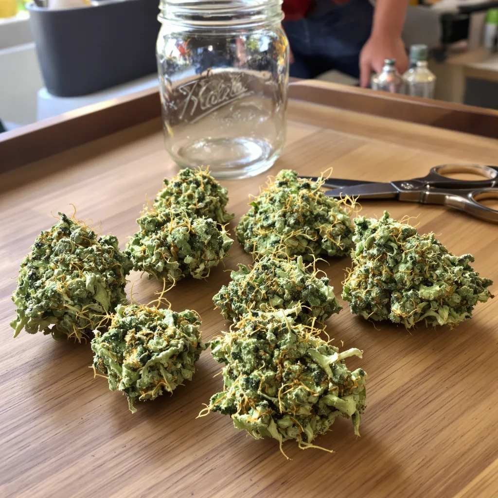 Pineapple Mayhem 11% indica / 89% sativa flower with visible trichomes