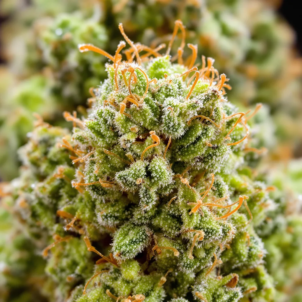 Pineapple Mayhem cannabis bud close-up showing lime-green airy structure