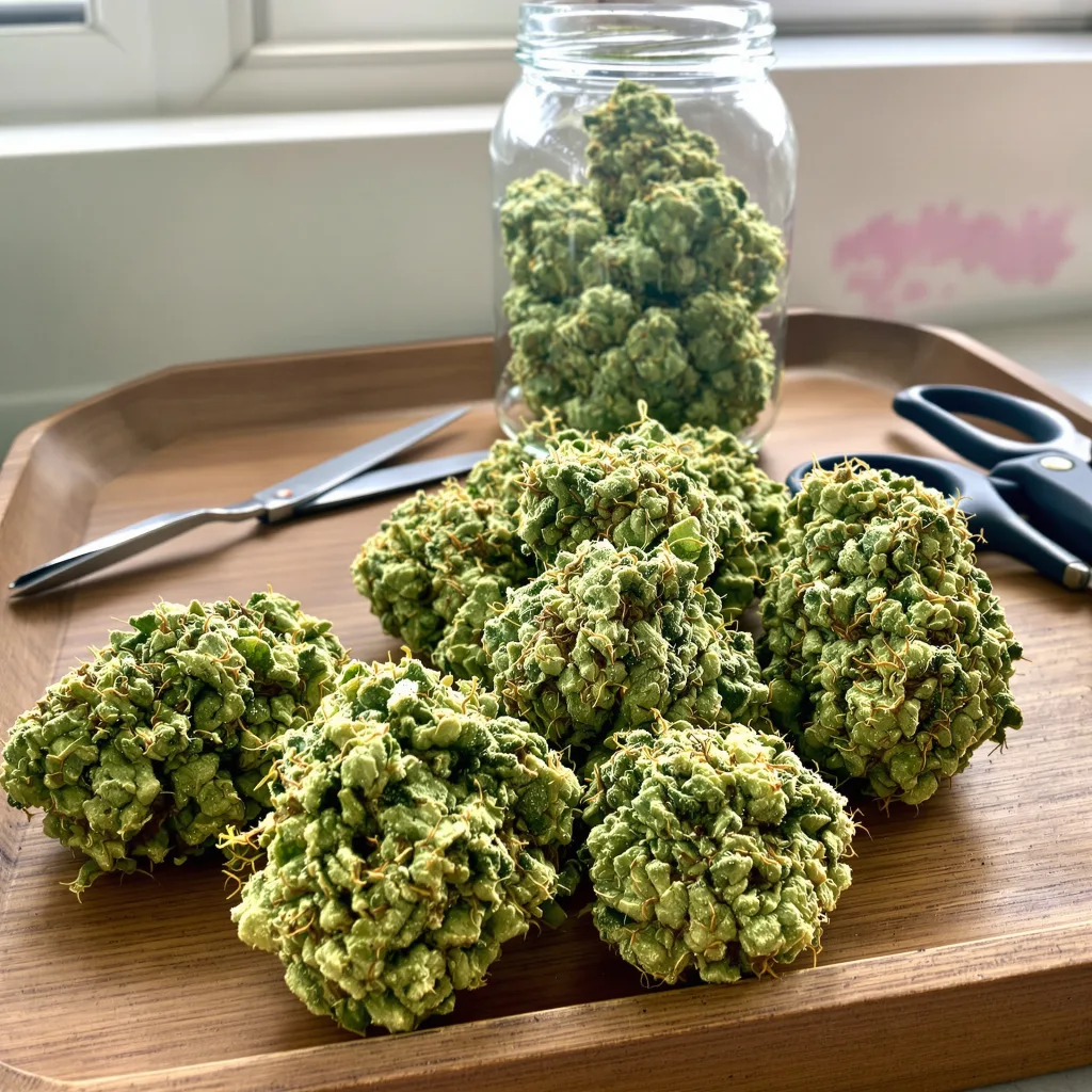 Pineapple Thai 50% indica / 100% sativa flower with visible trichomes
