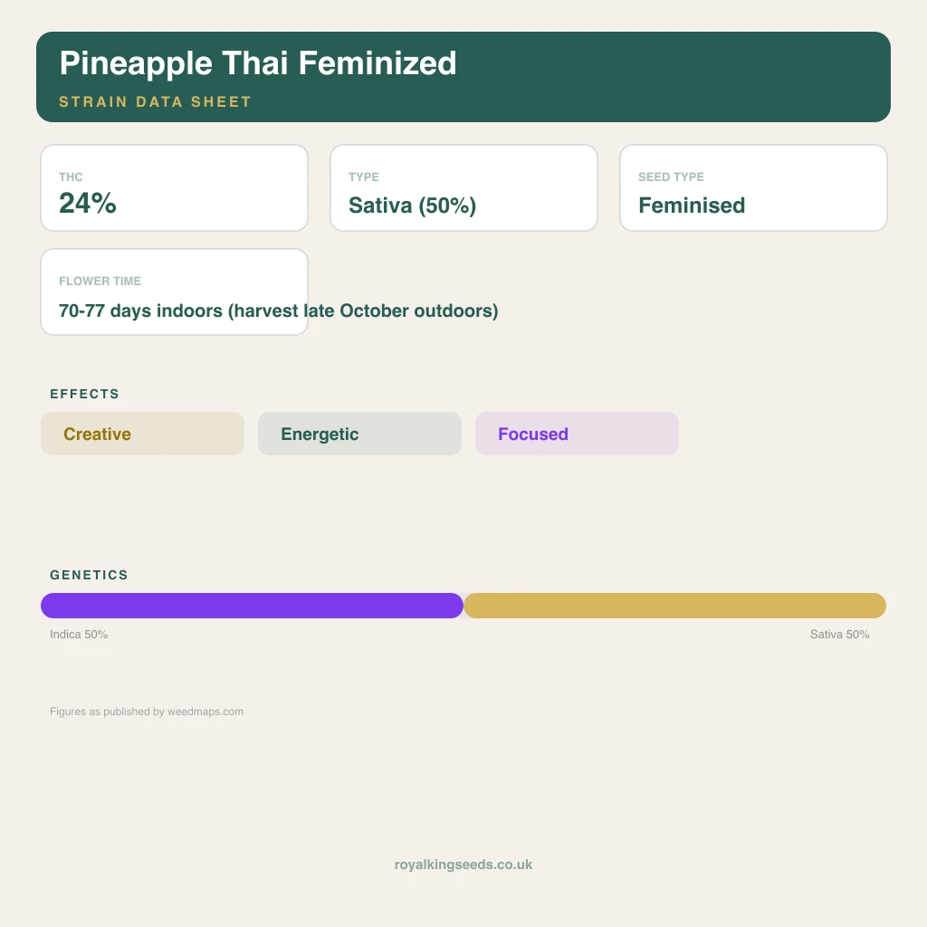 Pineapple Thai 50% indica / 100% sativa flower with visible trichomes